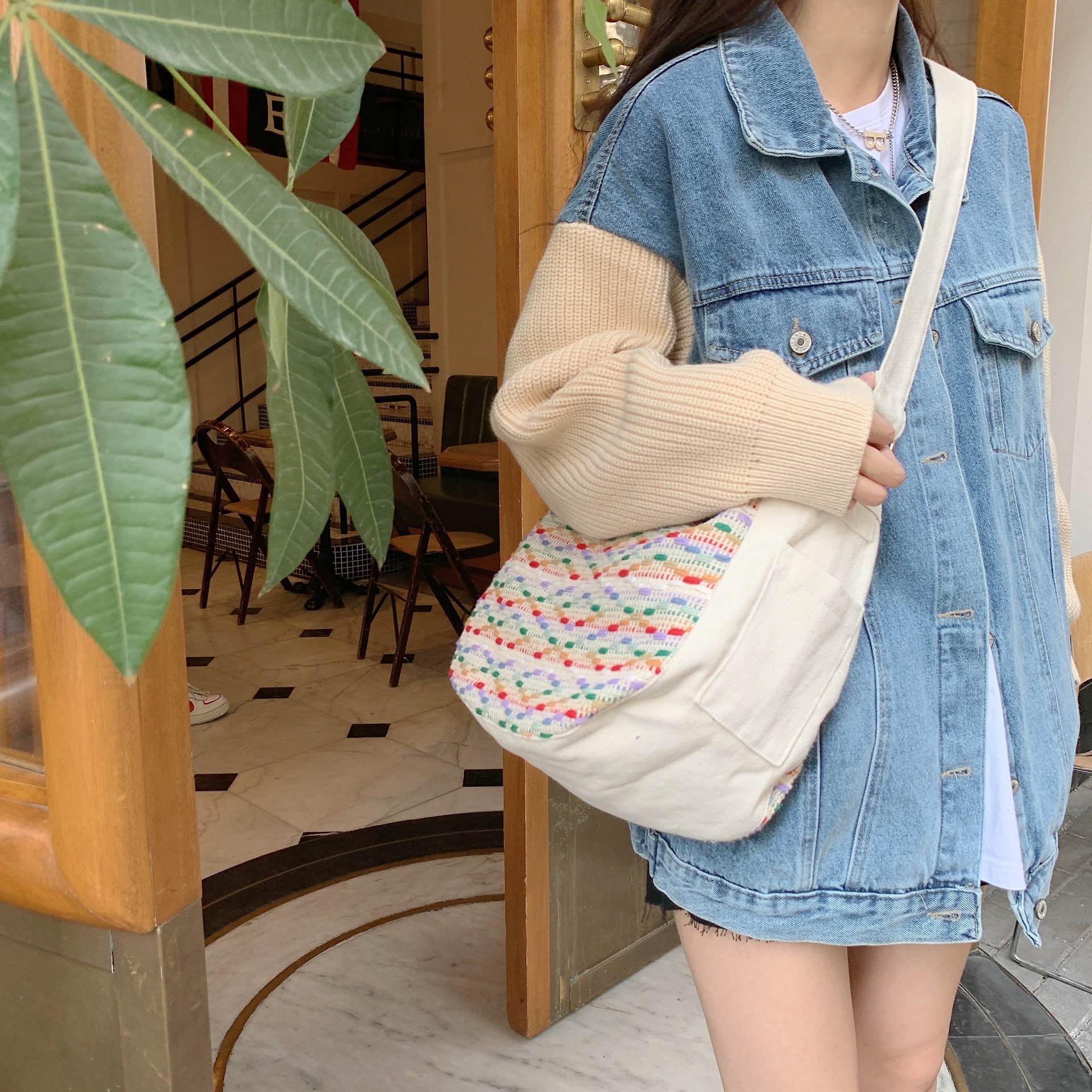 29271 New Rainbow Bean Set large-capacity artistic single-shoulder bag, student shopping bag, women's hand-held cloth bag, trendy full figure