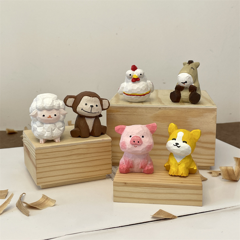 MXX41015 Wood-carved Chinese zodiac small office desk decoration, keychain, car pendant, small gift details Picture
