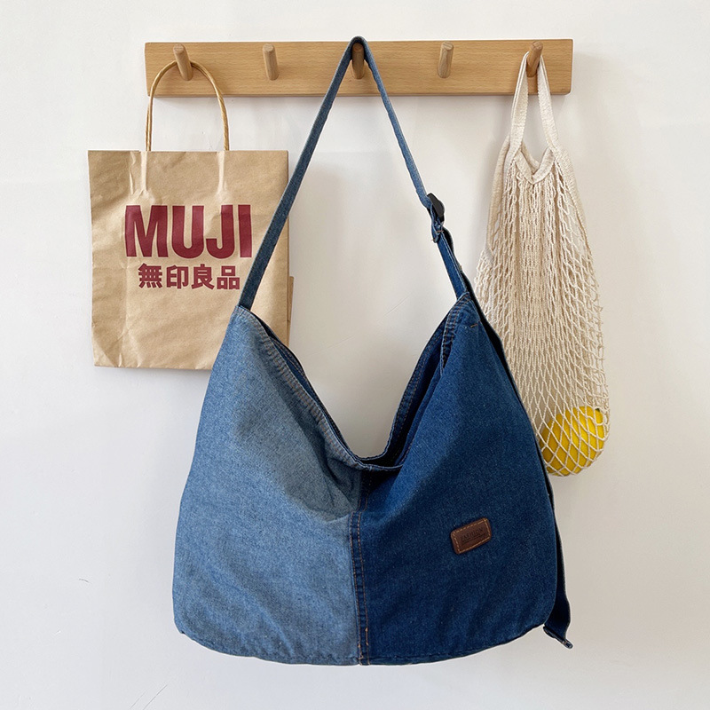 Japanese-style denim bag, simple and large-capacity single-shoulder women's bag, Korean-style retro canvas hand-held shoulder crossbody bag Specification drawing