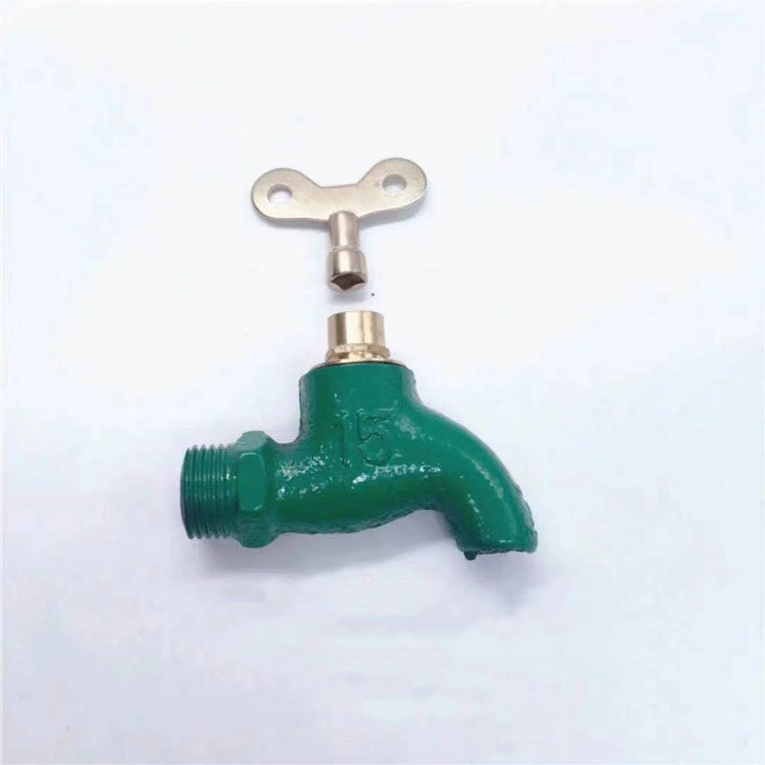 Old-fashioned iron faucet with a slow opening time of 4 minutes or 6 minutes and a fast opening time. It is a copper core flat spout cast iron faucet with a key at an outdoor construction site Specification drawing