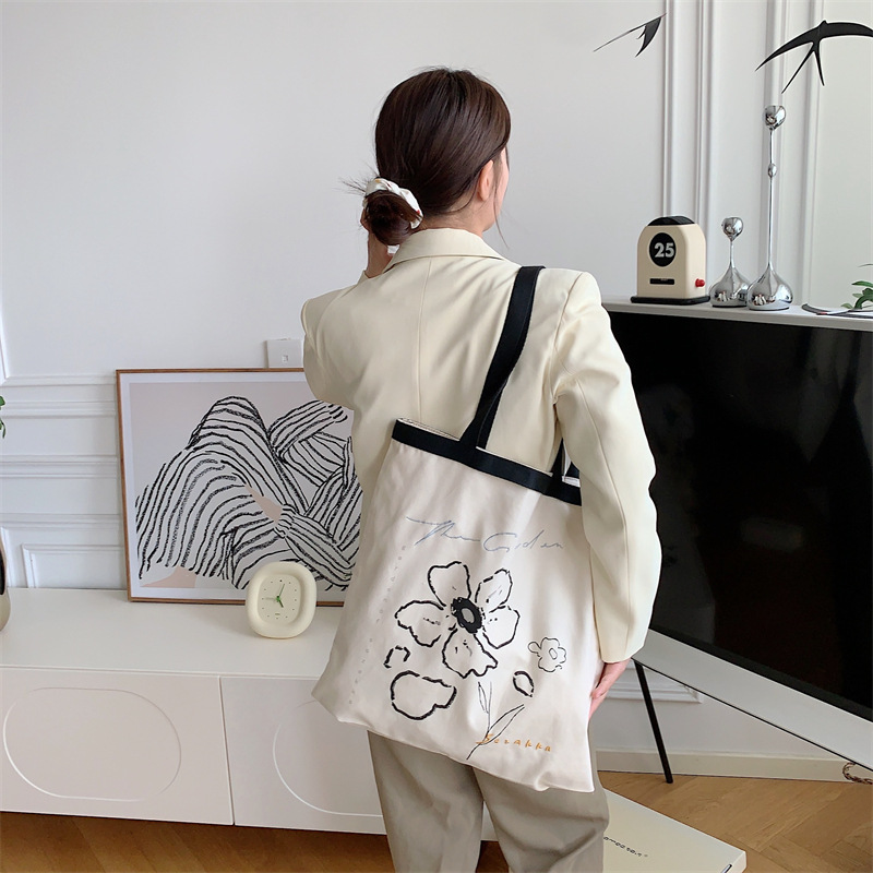 3591 Korean-style ins printed canvas bag, new large-capacity hand-held tote bag for women, single-shoulder bag for college students Item Picture