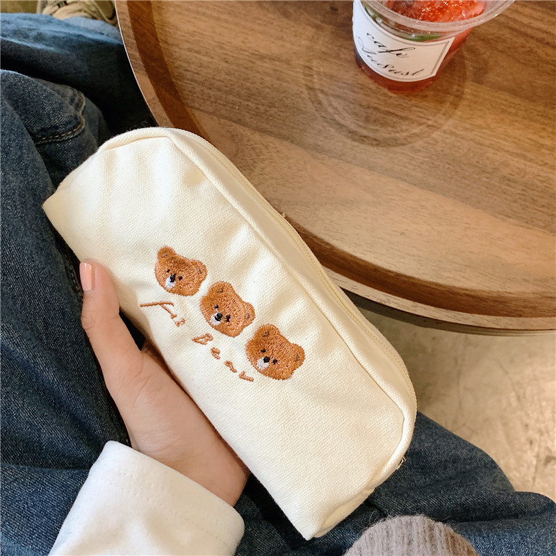【 In Stock 】2113 Cute Bear Embroidered Canvas Pen Case, Japanese Student Stationery Box, Large Capacity Storage Bag Item Picture