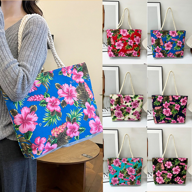 Bags, tote bags, cross-border 2025 new style printed canvas bags, floral fabric single-shoulder bags, women's bags, ethnic style large capacity bags full figure
