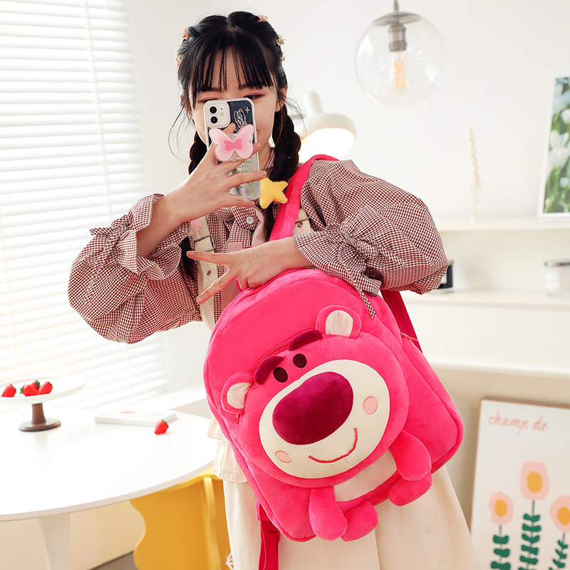 2023 New Japanese-style cute strawberry bear backpack, plush doll doll bag, soft girl backpack and schoolbag details Picture