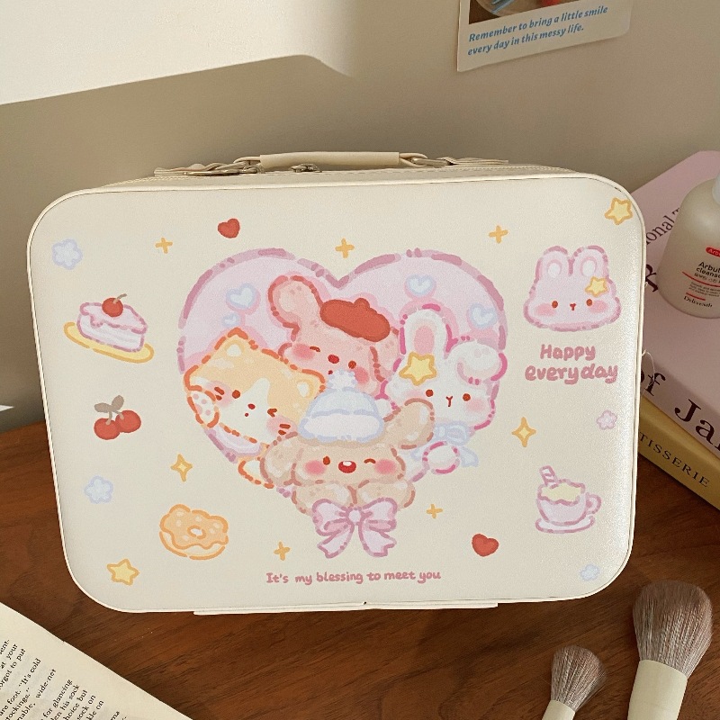 Cute and girlish printed makeup case, high appearance level, large capacity for skin care product storage, carrying case with mirror, makeup bag Application Scenario