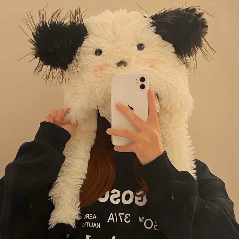 Cute puppy hat, new plush thickened pullover hat, women's warm cycling ear protection hat, autumn and winter anti-freezing lace-up hat full figure