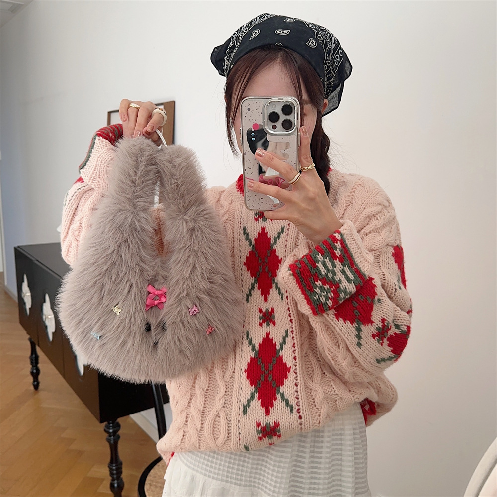 312221 Winter Instagram New fashionable and cute furry puppy handbag, student shopping tote bag details Picture