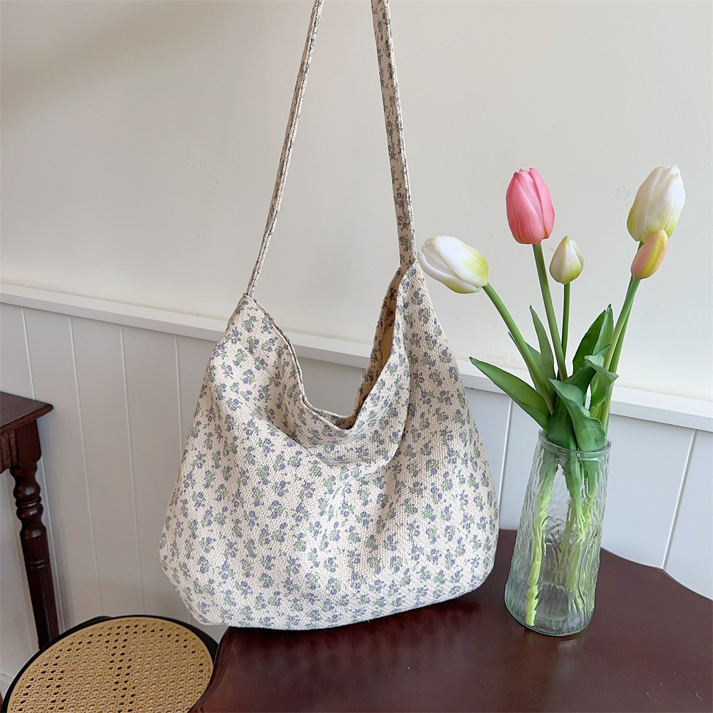 44203 Floral canvas bag, textured cotton and linen large-capacity single-shoulder handbag, casual student shopping bag full figure