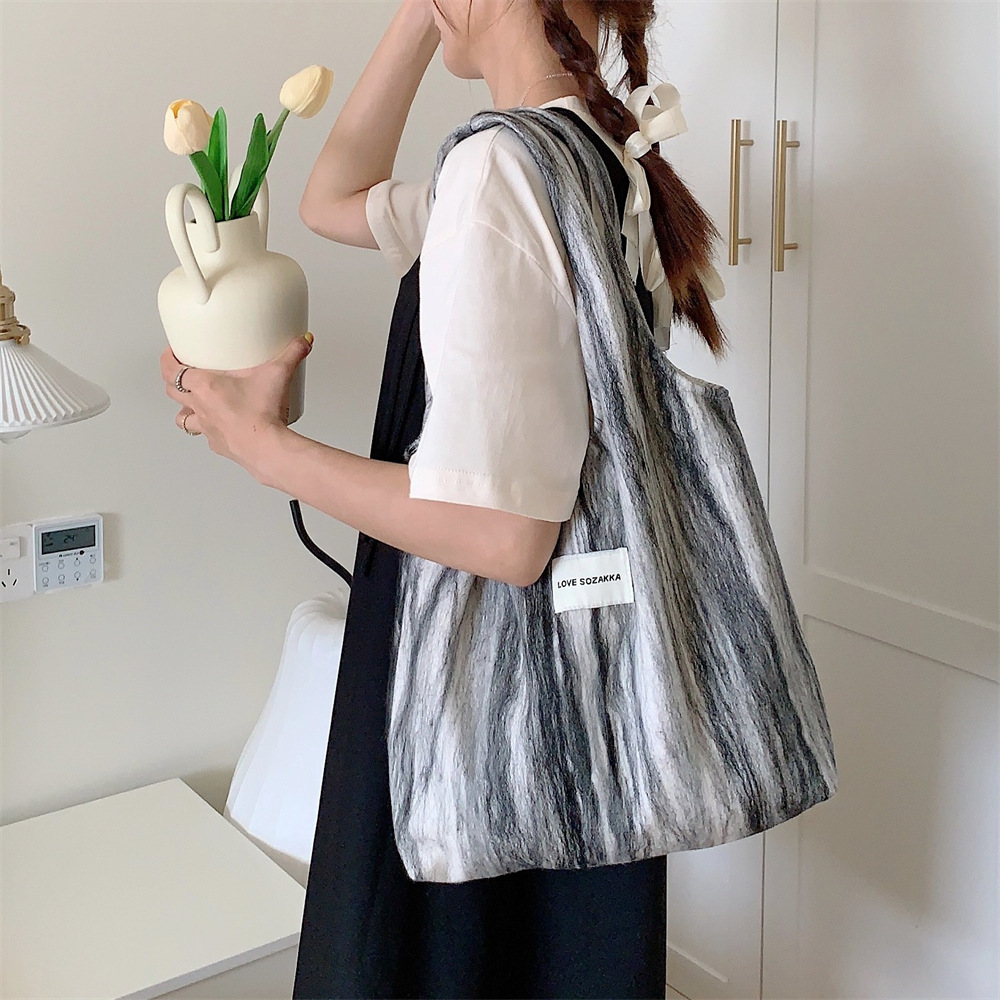 3853 Trendy woolen striped single-shoulder backpack, canvas bag, student handbag, large-capacity fabric bag for shopping details Picture