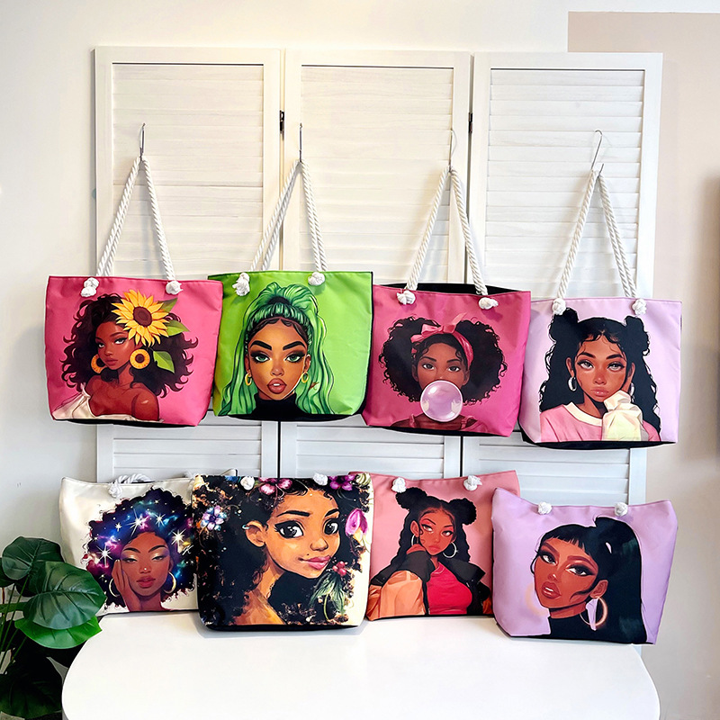 Fashionable and versatile tote bags, new cross-border women's portable shopping bags, creative women's printed aesthetic beach bags for women full figure