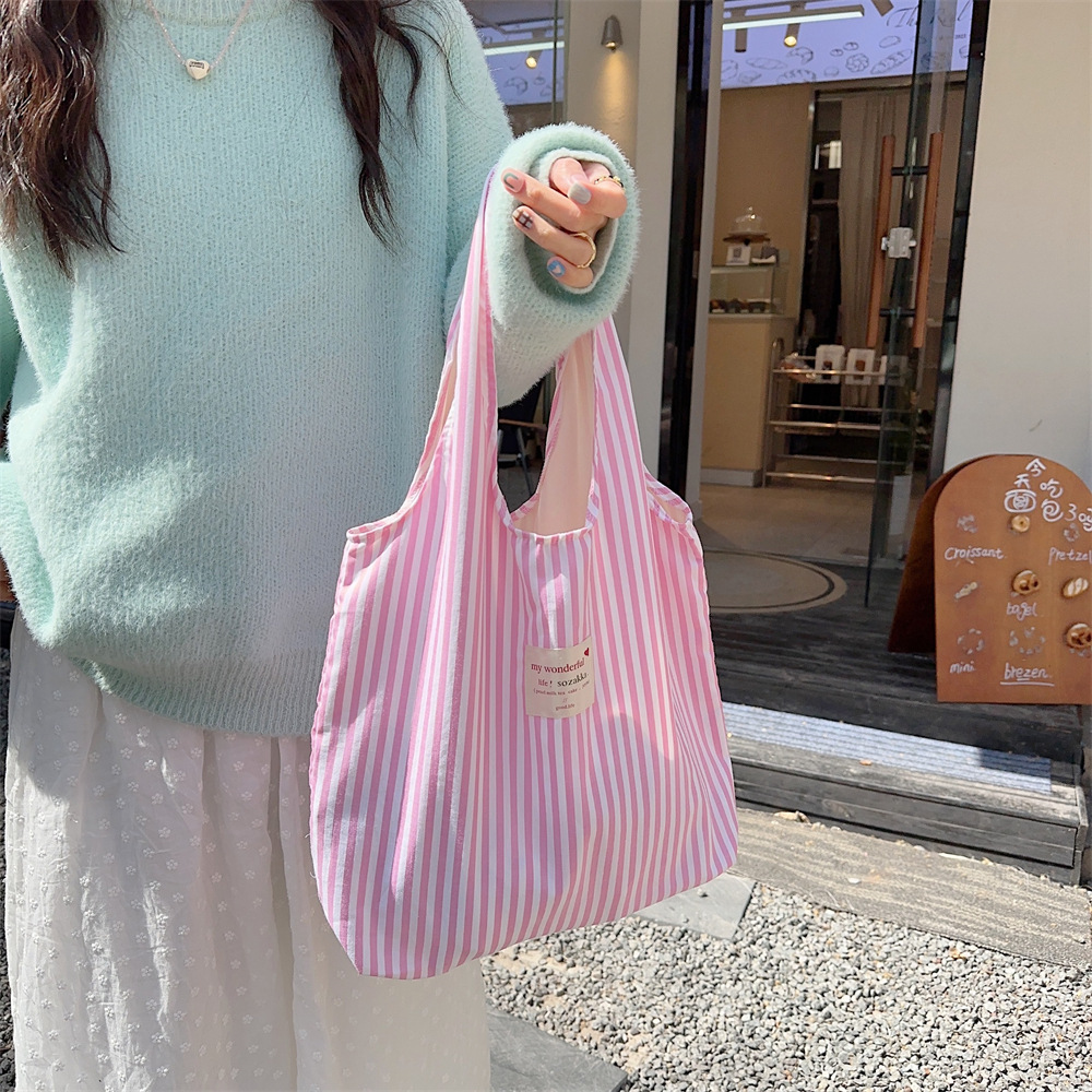 43221 New ins striped canvas bag for female students, single-shoulder handbag for class, large-capacity spring and summer vest bag details Picture