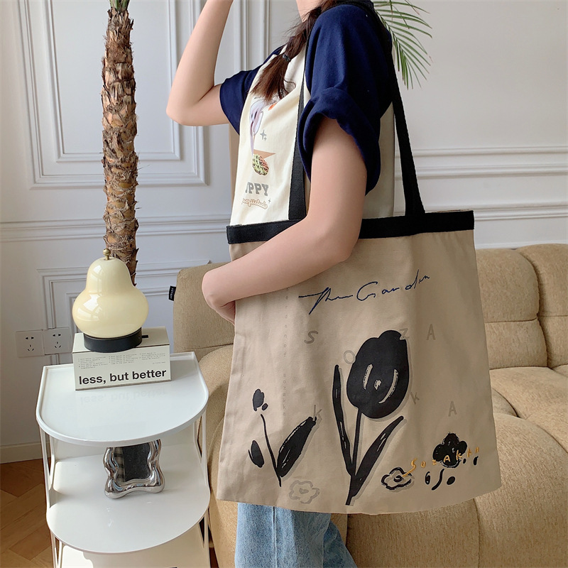 3591 Korean-style ins printed canvas bag, new large-capacity hand-held tote bag for women, single-shoulder bag for college students details Picture