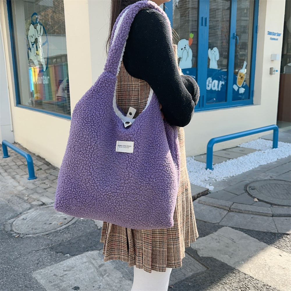 310233 Autumn/Winter Korean version dual-sided plush simple single-shoulder student large-capacity commuting vest bag details Picture
