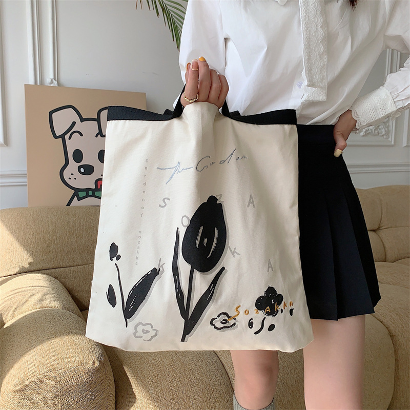 3591 Korean-style ins printed canvas bag, new large-capacity hand-held tote bag for women, single-shoulder bag for college students full figure