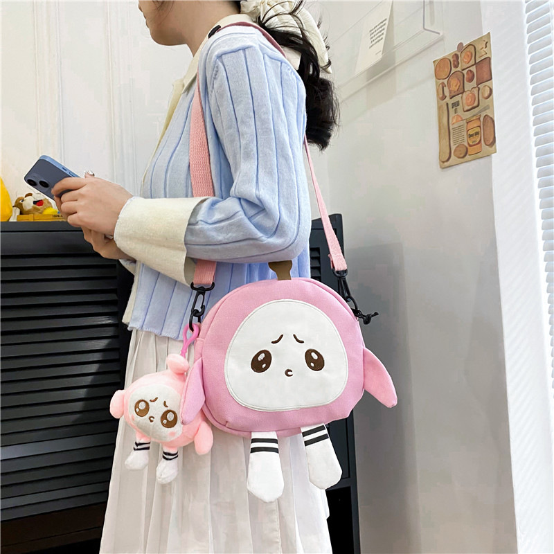 Wholesale cartoon canvas bags, cute egg boy party crossbody bags, trendy Japanese girl casual and stylish small backpacks Specification drawing