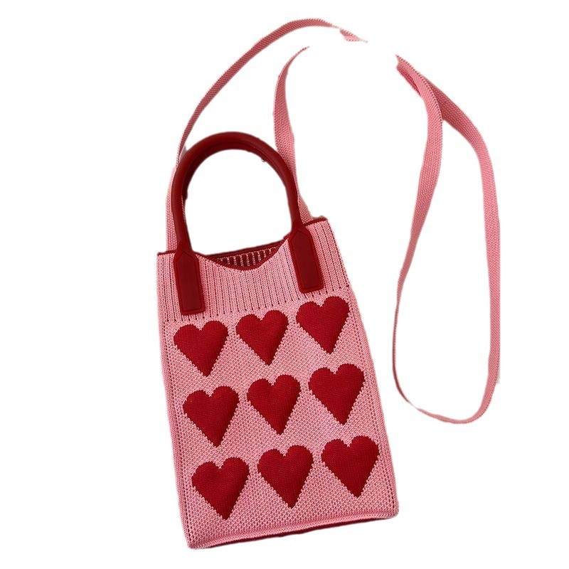 New heart-shaped cartoon knitted mobile phone bag for women, Korean version, versatile single-shoulder crossbody bag, travel coin purse, small handbag Item Picture