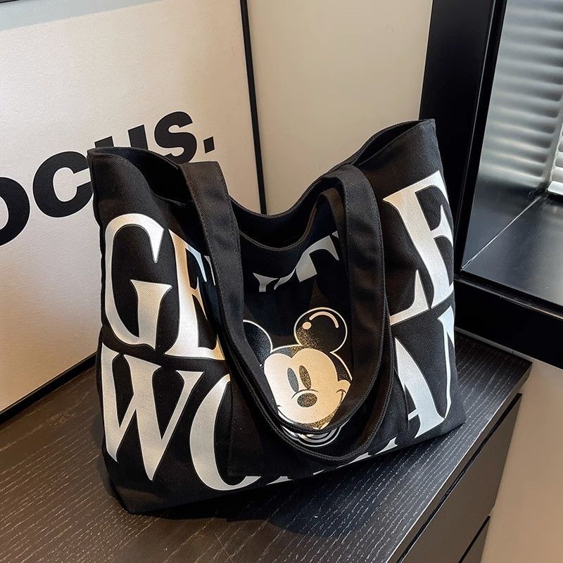Large-capacity canvas bag for women, 2024 new letter-shaped Mickey Mouse handbag, shopping bag, college student single-shoulder tote bag full figure