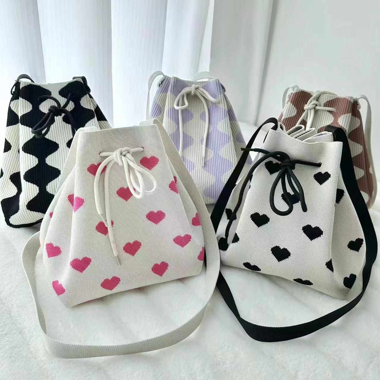 ins internet-famous drawstring bag, women's knitted bag, bucket bag, Longchamp bag, Japanese and Korean versions, versatile casual tote bag, crossbody full figure