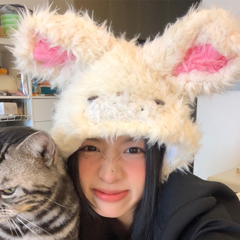 A new style of warm and anti-freezing plush rabbit ear cap on Instagram, a Lei Feng cap with a big head and a cartoon cute ear-protecting cap for women Specification drawing