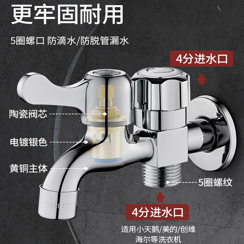 Washing machine faucet with four-inch thread, household three-way, one in and two out, dual control and dual water outlet, one in and two connectors for dual use details Picture