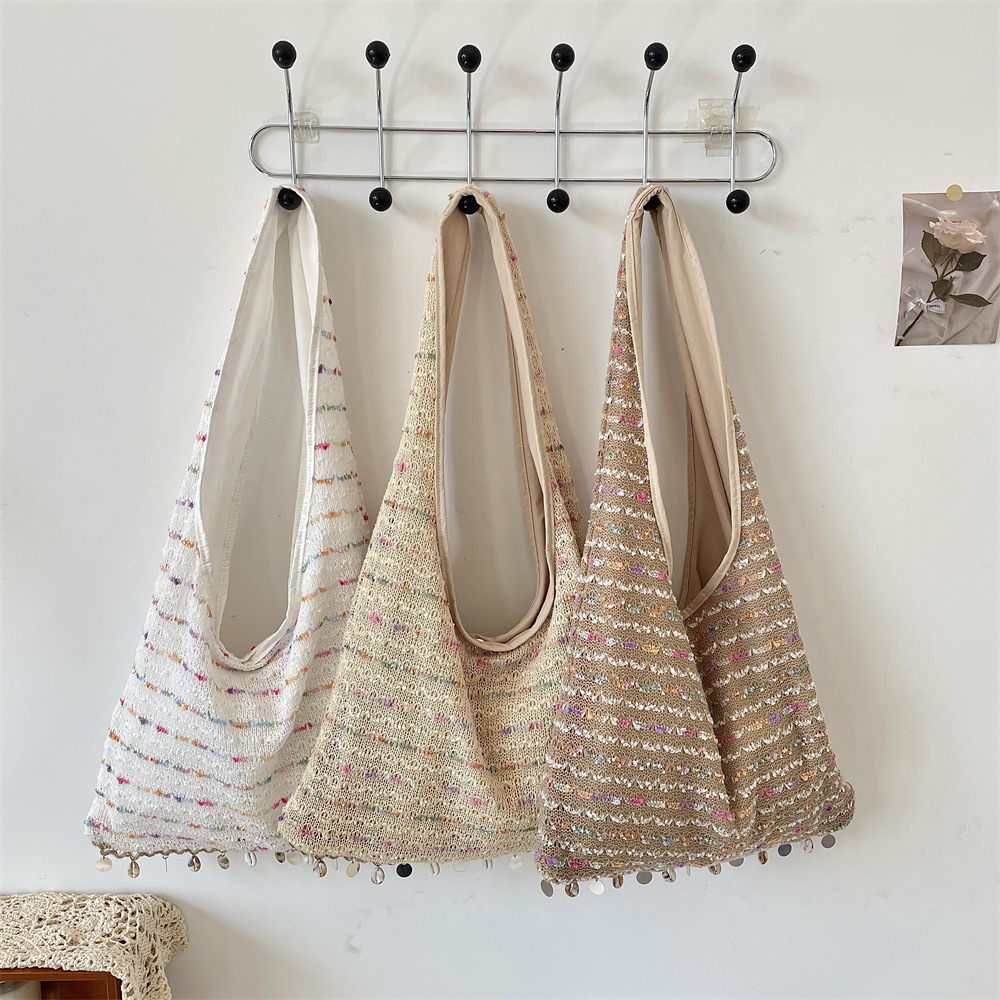 53203 Spring/Summer Gentle candy-colored knitted crossbody tote bag, shell buckle single-shoulder bag, large-capacity vest bag full figure