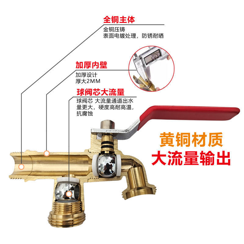 Cross-border exclusive faucet, all-copper, kitchen and garden, double-opening and double-control, brass, outdoor anti-freezing, household washing machine faucet details Picture