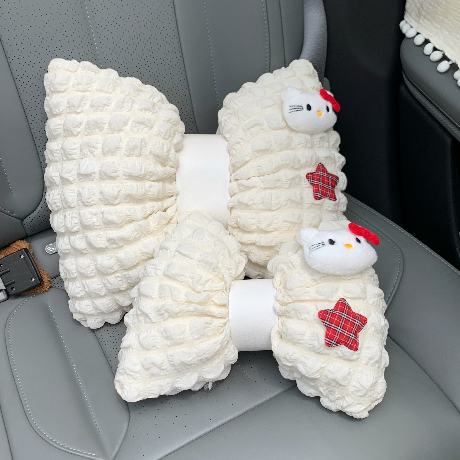 Cute puff cat car headrest, popular female car waist cushion, car decoration, in-car neck support seat pillow details Picture