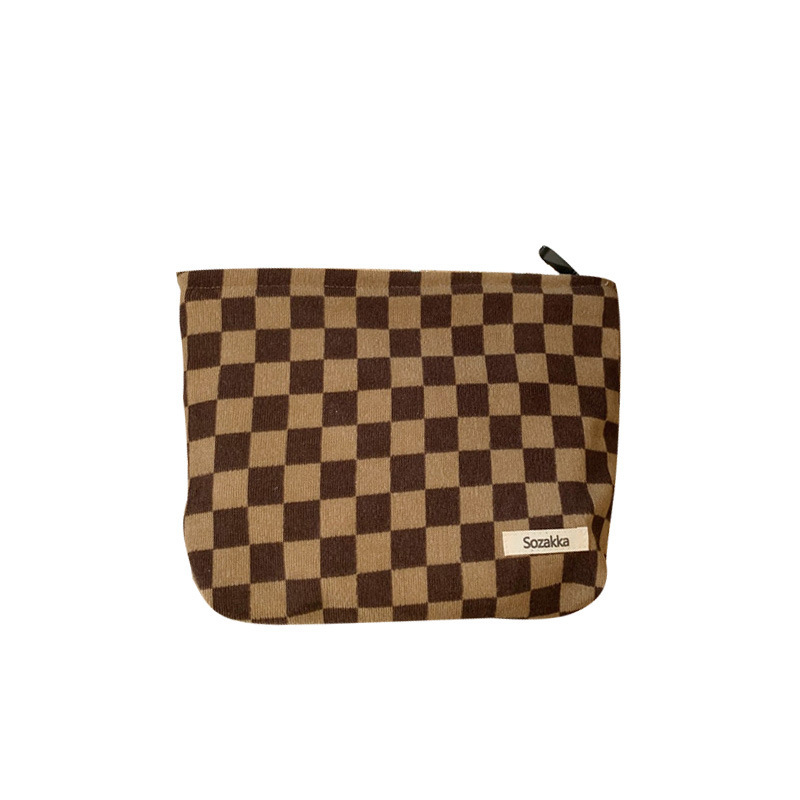 111306 Portable corduroy checkered makeup bag for women, hand-held bag, portable toiletries, mobile phone storage bag Item Picture
