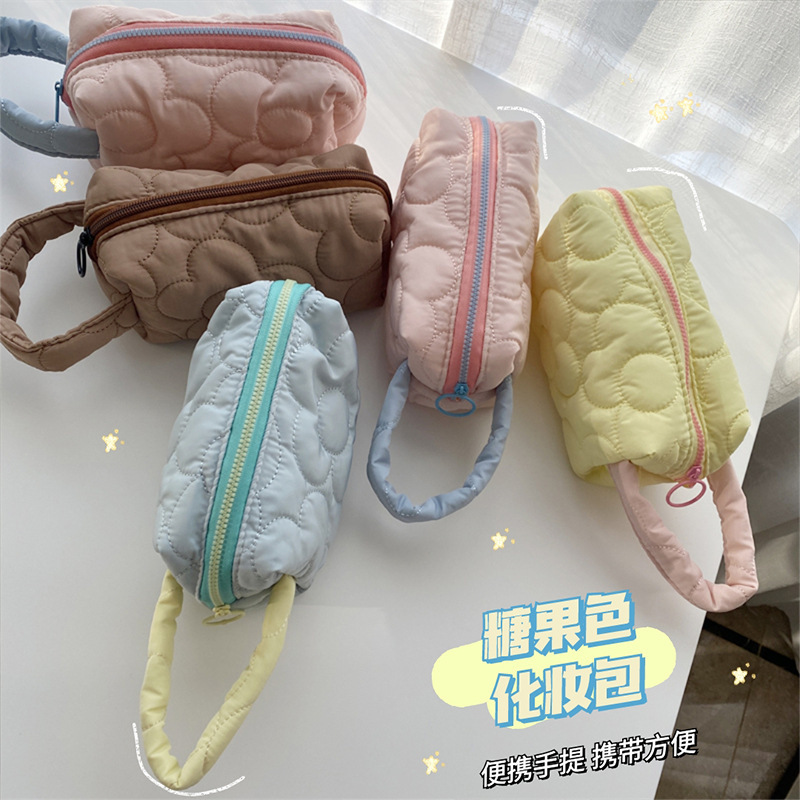 110225 Korean ins Japanese-style quilted polyester flower cosmetic bag, storage and organization bag, portable pen case for women details Picture