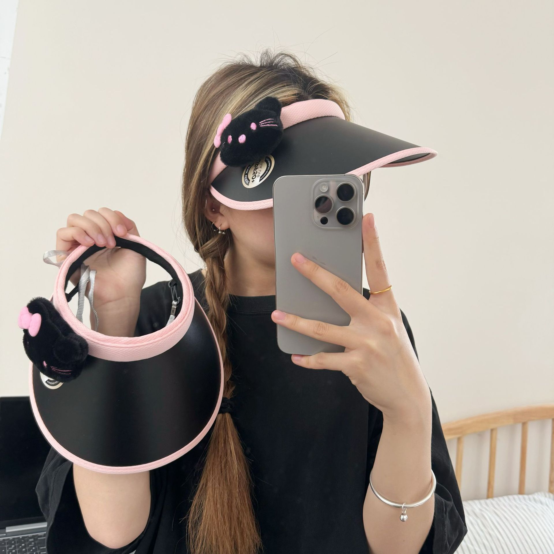 Summer cute cat sun protection hat, large brim, open top, sunshade, female UV protection, outdoor travel, student, Internet celebrity hat full figure