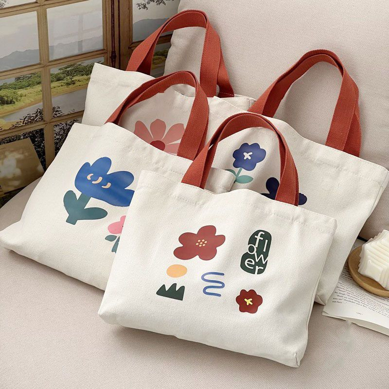 A new hand-drawn illustration flower single-shoulder hand-carry schoolbag for women, a simple and elegant retro portable student canvas bag details Picture