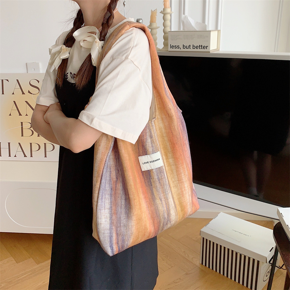 3853 Trendy woolen striped single-shoulder backpack, canvas bag, student handbag, large-capacity fabric bag for shopping Application Scenario