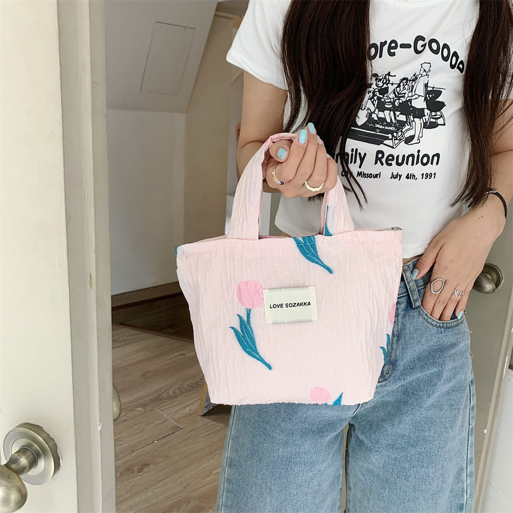 25246 Pink Tulip Combination large-capacity hand-held bento bag, Ladies' tote single-shoulder shopping bag Specification drawing