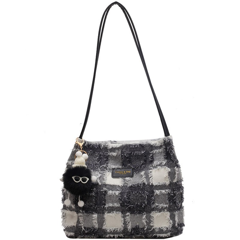 High-end checkered bucket bag for women, 2023 new trendy and fashionable single-shoulder bag for women, large-capacity commuter tote bag Item Picture