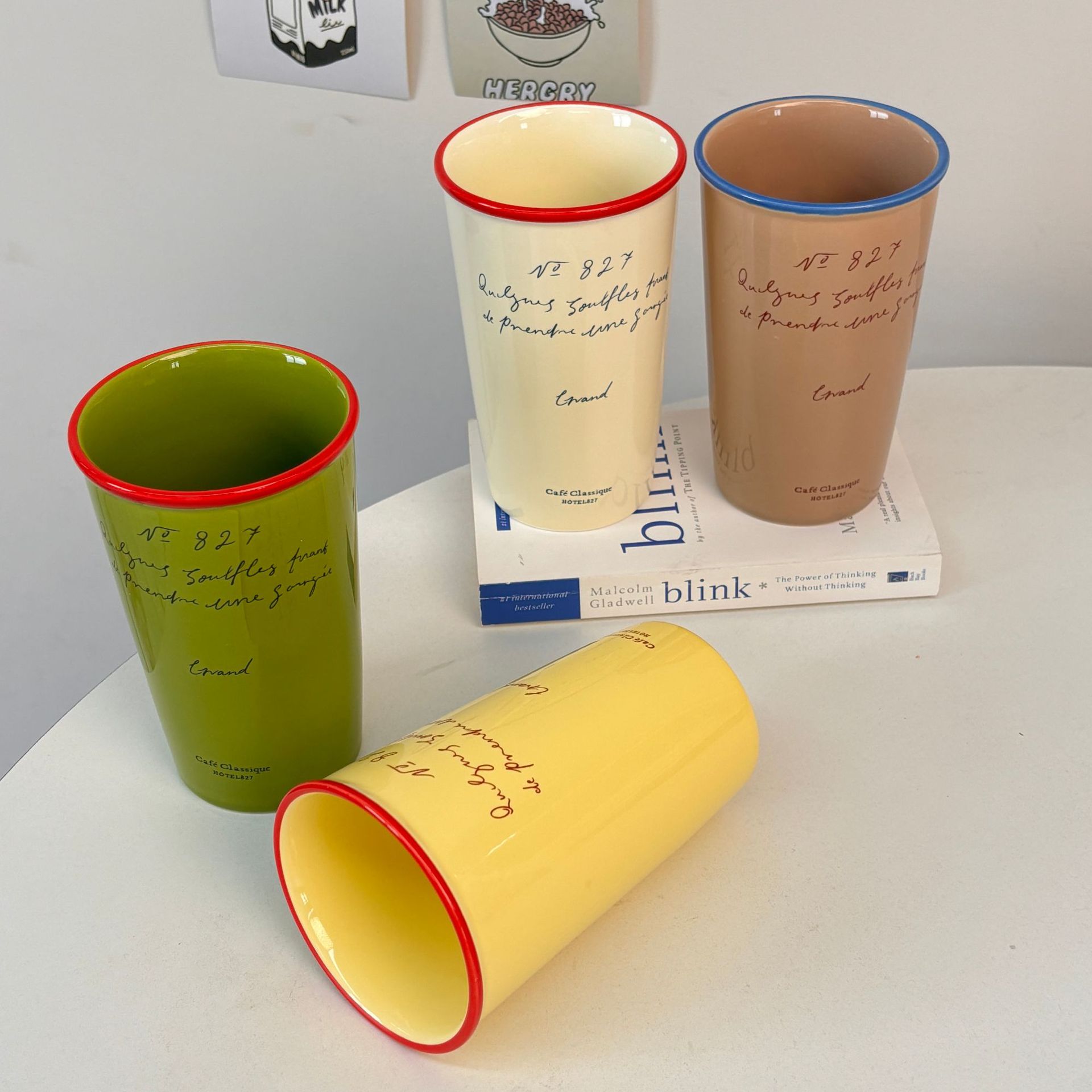 Xiaohongshu blogger's style ~ Retro letter mugs, ins colored edge ceramic cups, casual coffee cups, water cups, milk cups Specification drawing