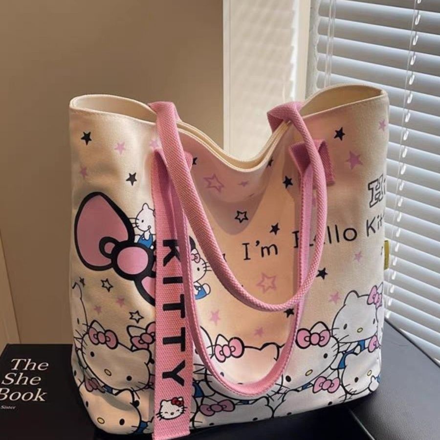 KT Cat canvas bag, ladies' large capacity tote bag, HelloKitty cute bag, student shoulder bag, handbag full figure