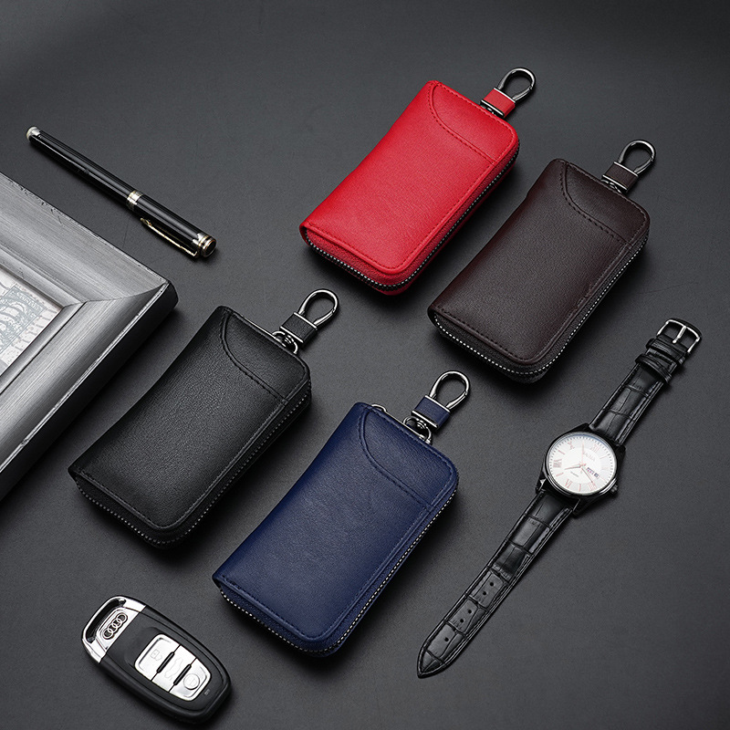 Retro pu key case, large-capacity zipper car key case, men's waist strap, genuine leather women's card case, door key buckle case full figure