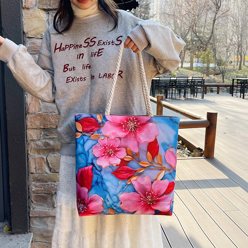 Wholesale of new cross-border retro single-shoulder bags, fashionable linen cotton rope simple handbags, double-sided embroidered canvas bags Specification drawing