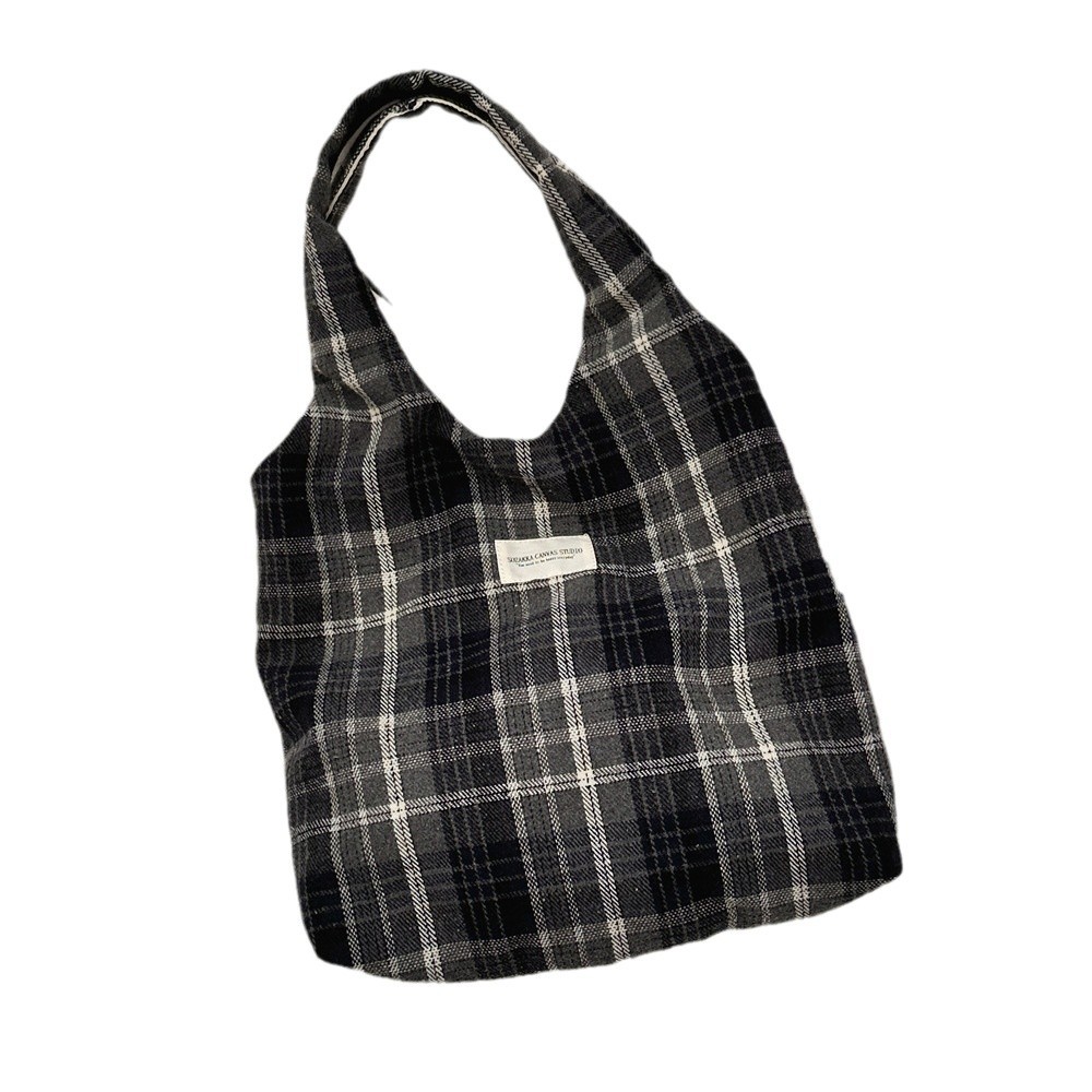 410262 Autumn and winter woolen single-shoulder bag for women, retro checkered tote bag, large capacity, simple commuting canvas bag Item Picture