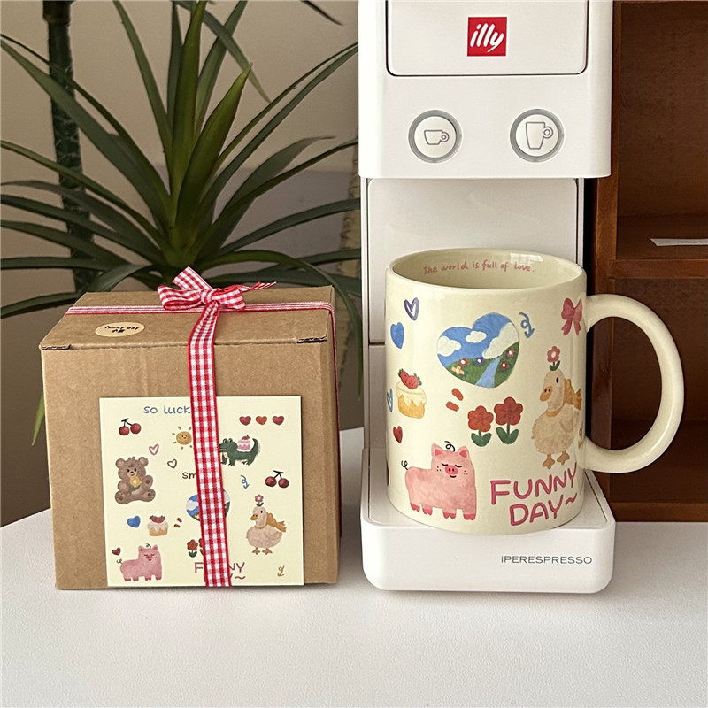 Gift box set! Cute and fun cartoon graffiti ceramic cups, breakfast cups, coffee cups, large-capacity mugs, gift boxes Specification drawing