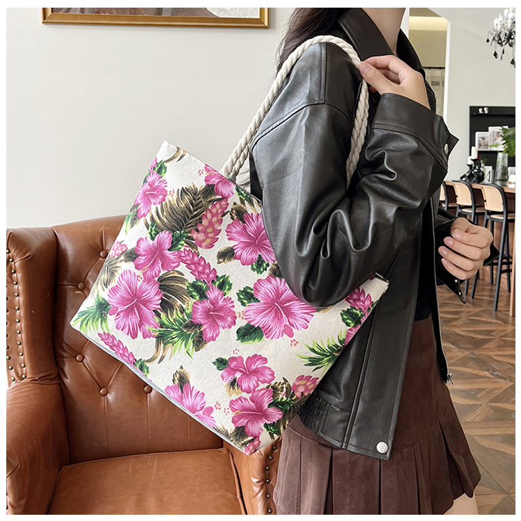 Wholesale of new cross-border tote bags, double-sided printed canvas bags, floral fabric single-shoulder bags, women's bags, ethnic style large-capacity bags details Picture