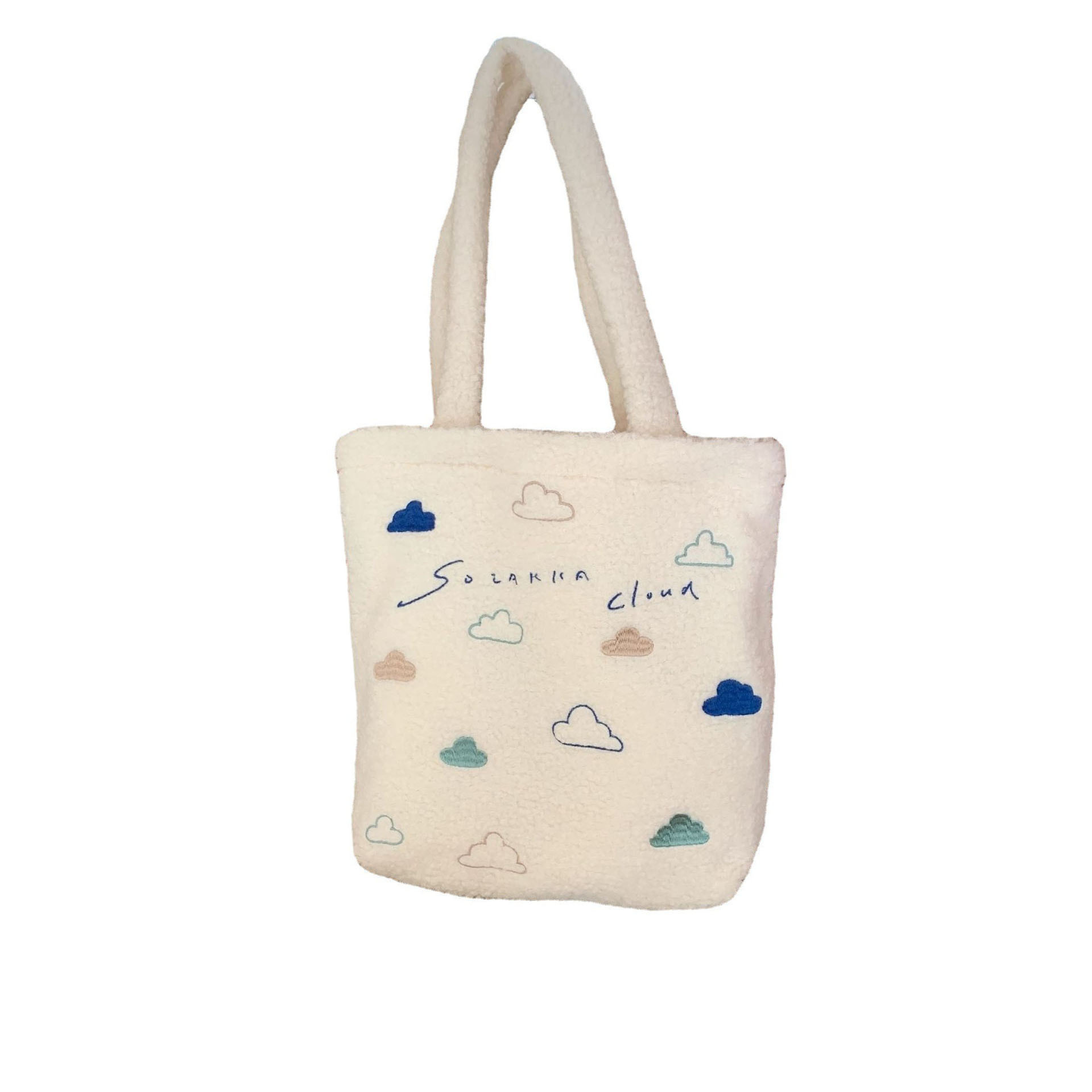 210161 Japanese-style ins plush embroidered little cloud single-shoulder bag, cute student class bag, large-capacity canvas bag Item Picture