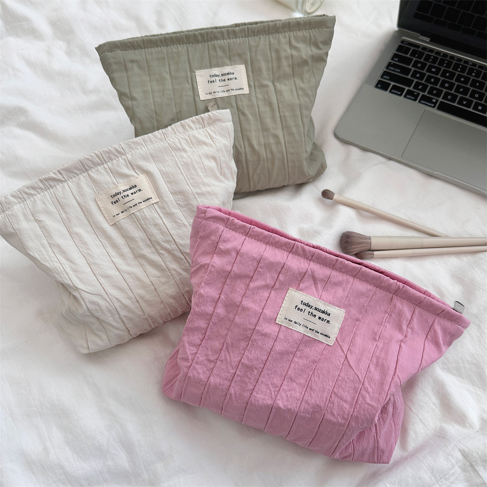 49181 Simple solid color striped makeup bag, portable large-capacity cosmetics bag, storage bag, large inner liner bag details Picture