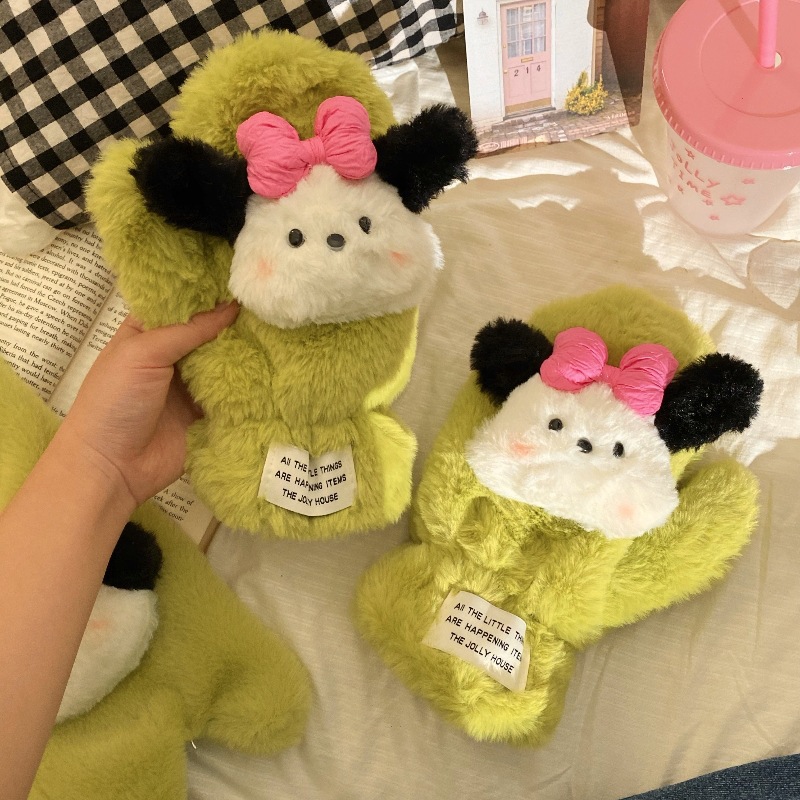 Cute puppy plush gloves, winter warm and cold-proof gloves, student outdoor cycling fleece thickened halter-neck gloves full figure