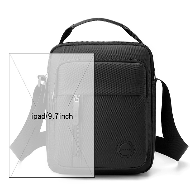 New cross-border leather film simple men's single-shoulder bag, casual sports bag, men's solid color waterproof trendy bag, crossbody bag, black Item Picture