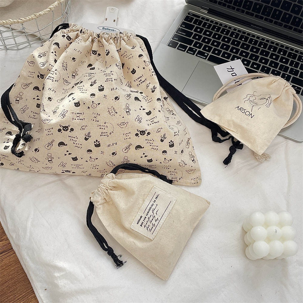 bj250222 Cute cartoon cotton printed cat drawstring storage bag, cosmetic bag, multi-functional travel packaging full figure