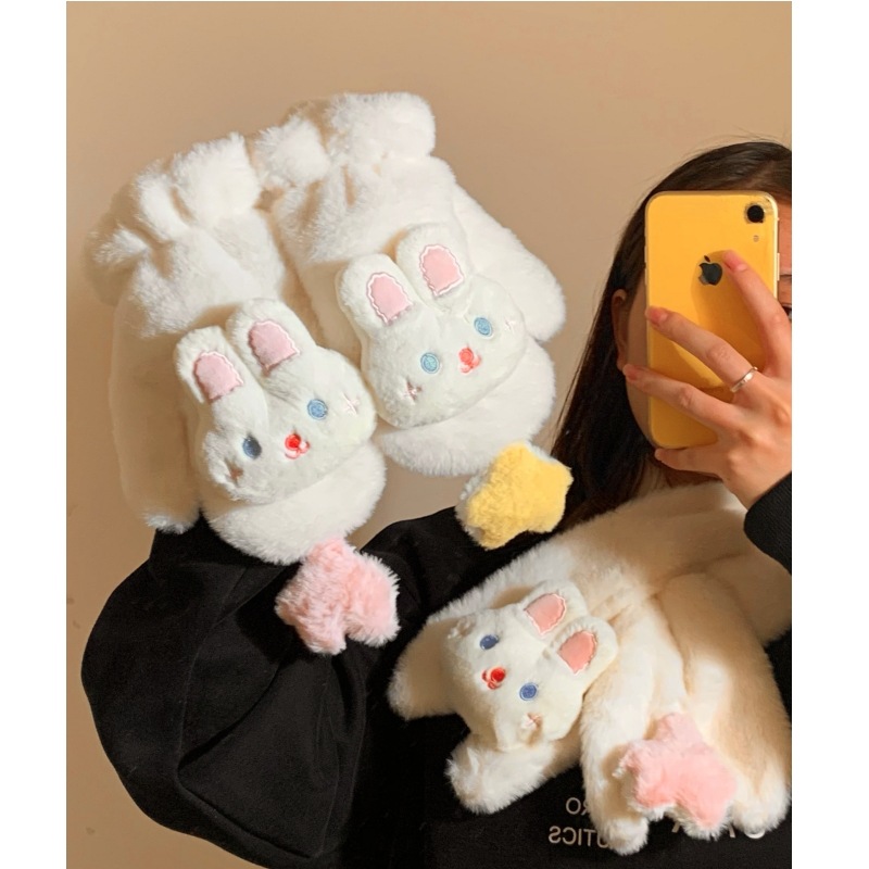 Star Rabbit Little mitten gloves for girls in winter, cute plush, windproof, cold-proof, thickened and warm, can be worn around the neck for girls full figure
