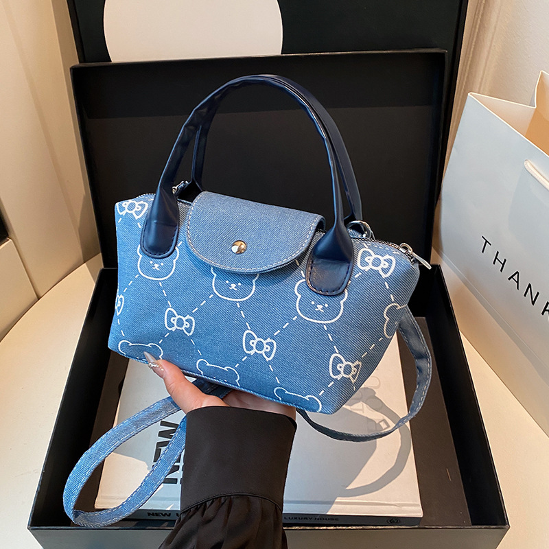 Fashionable single-shoulder crossbody bag 2025 new mini dumpling bag, cute and stylish denim printed kitten handbag for women details Picture