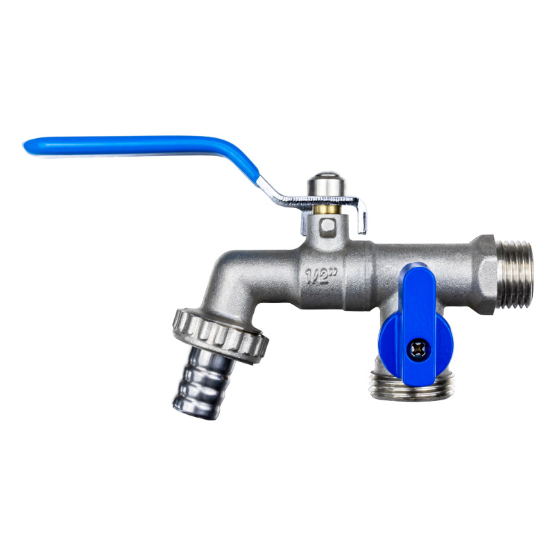 Wholesale of all-copper washing machine faucets, double-outlet double-control nickel-plated faucets, copper ball valve cores, single-cooling garden outdoor faucets Item Picture