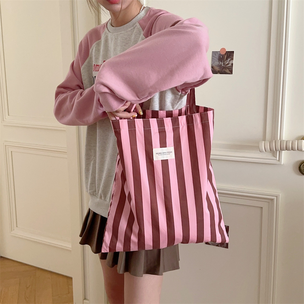 39132 Fashionable single-shoulder women's bag, striped large-capacity bag, Korean-style canvas casual shopping bag, simple women's bag full figure